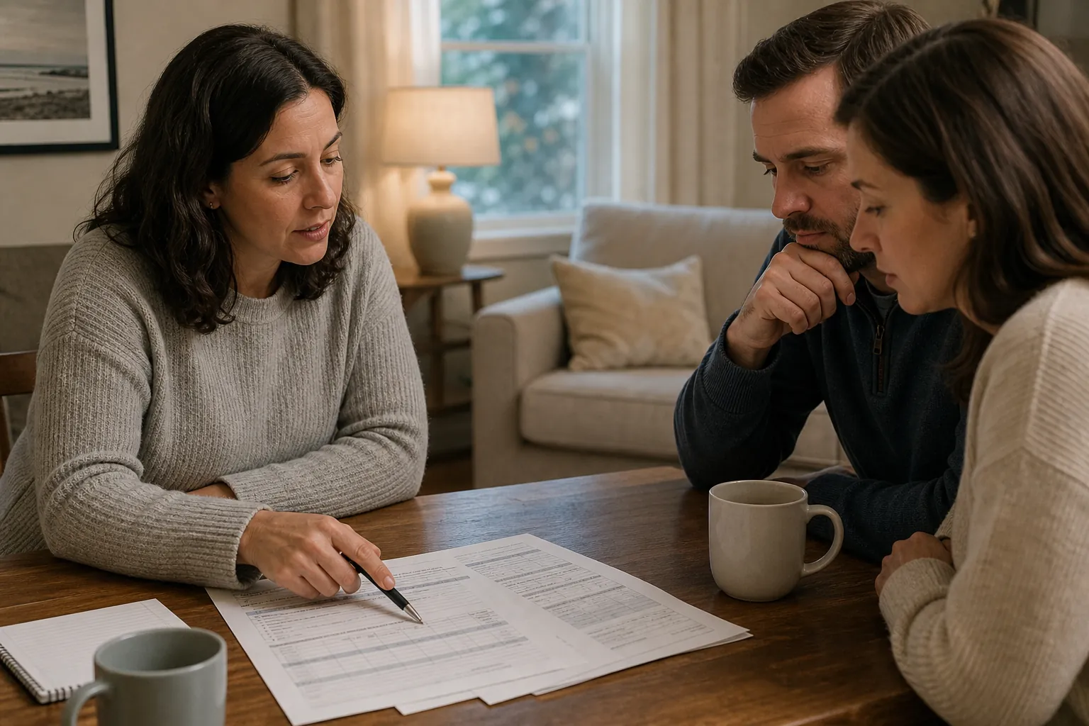 Three Adults Reviewing Papers Three adults look at paperwork on a table, with one woman pointing to a sheet.