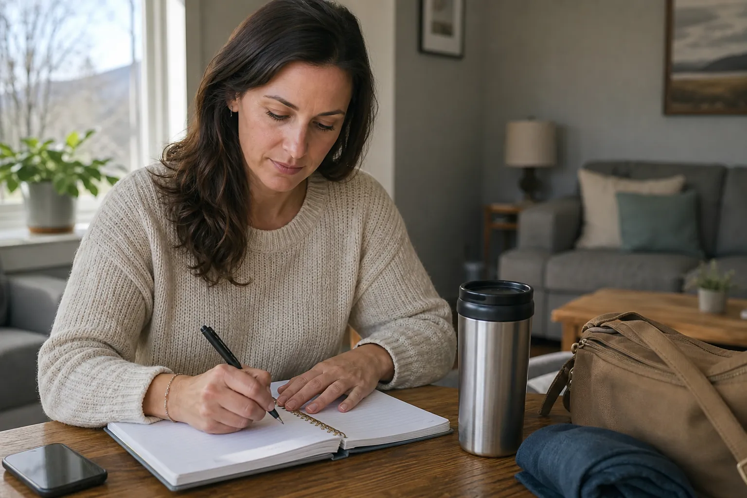 A woman writes in a notebook beside a travel mug, smartphone and bag.
