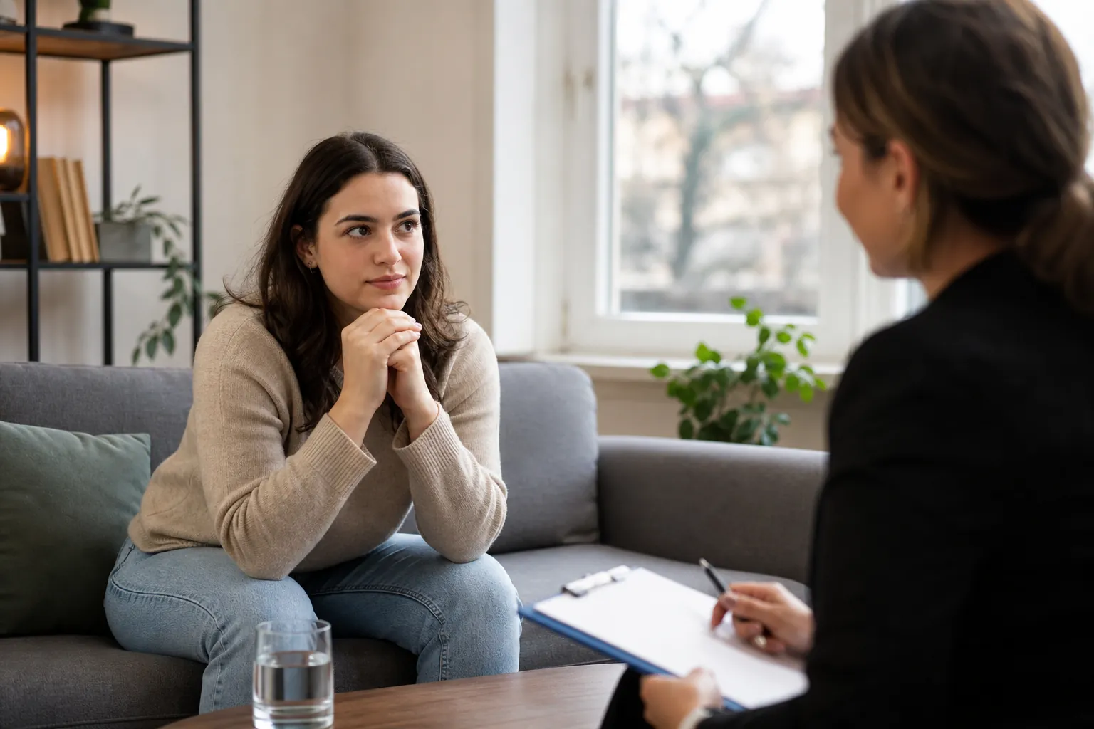 Woman listening to another person with a notebook Woman listening to another person with a notebook