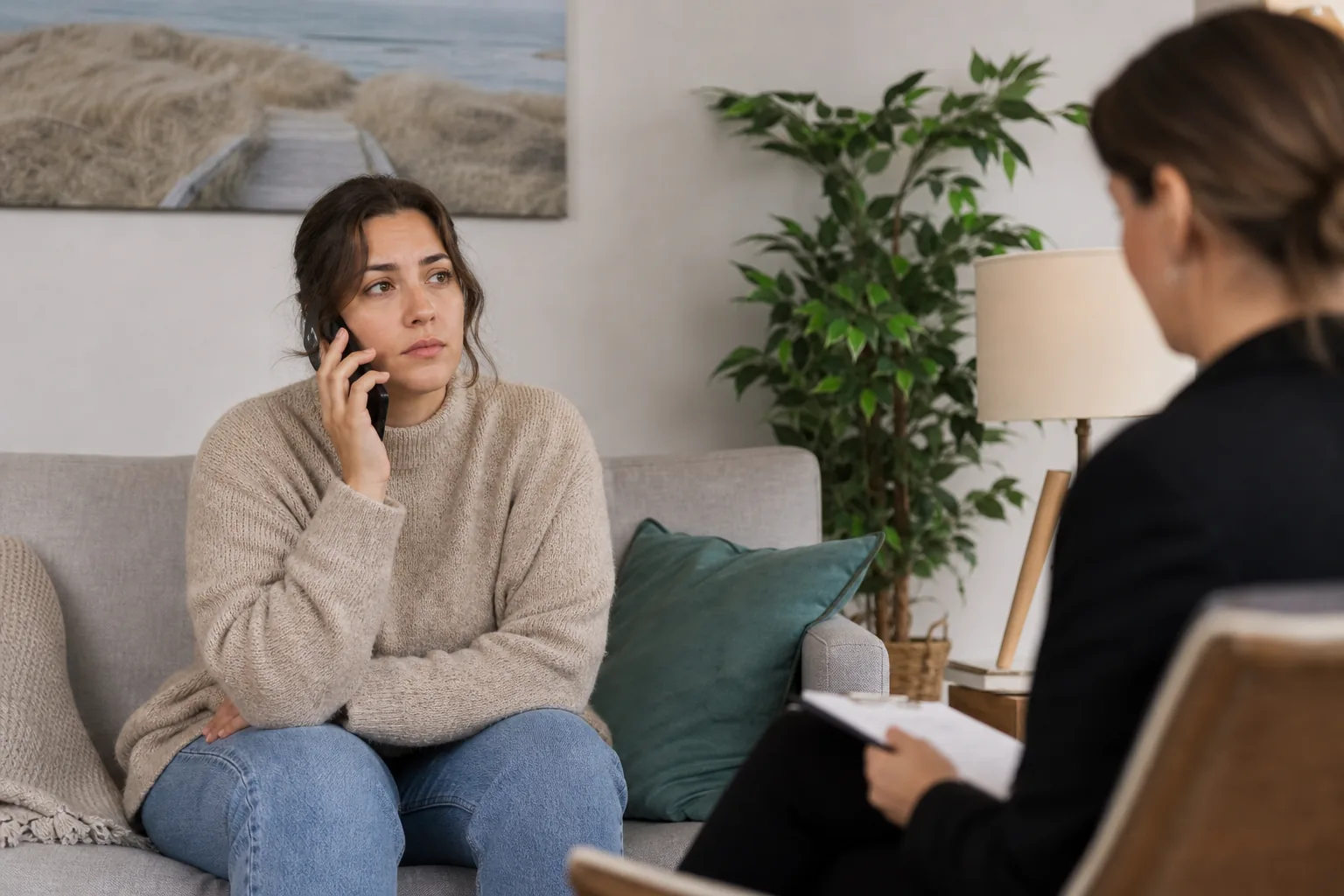 Woman holding a phone beside another person Woman holding a phone beside another person