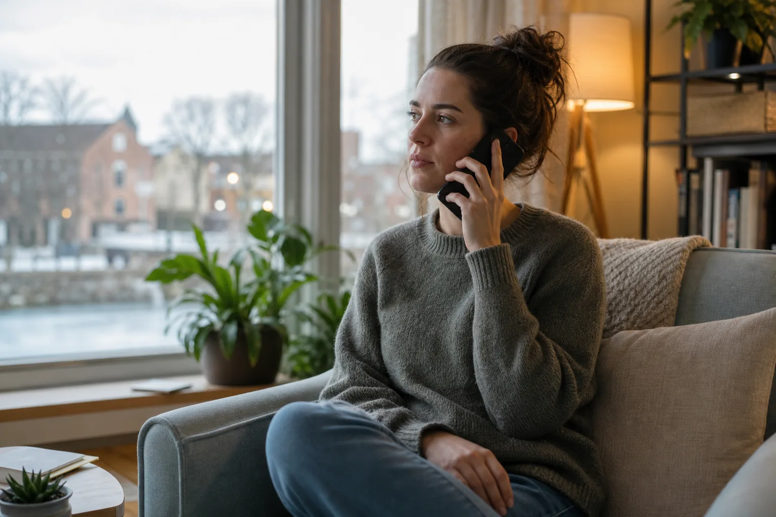 Woman making a phone call beside a window Woman making a phone call beside a window