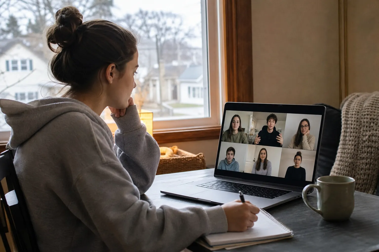 Woman writing notes beside a laptop video conversation Woman writing notes beside a laptop video conversation