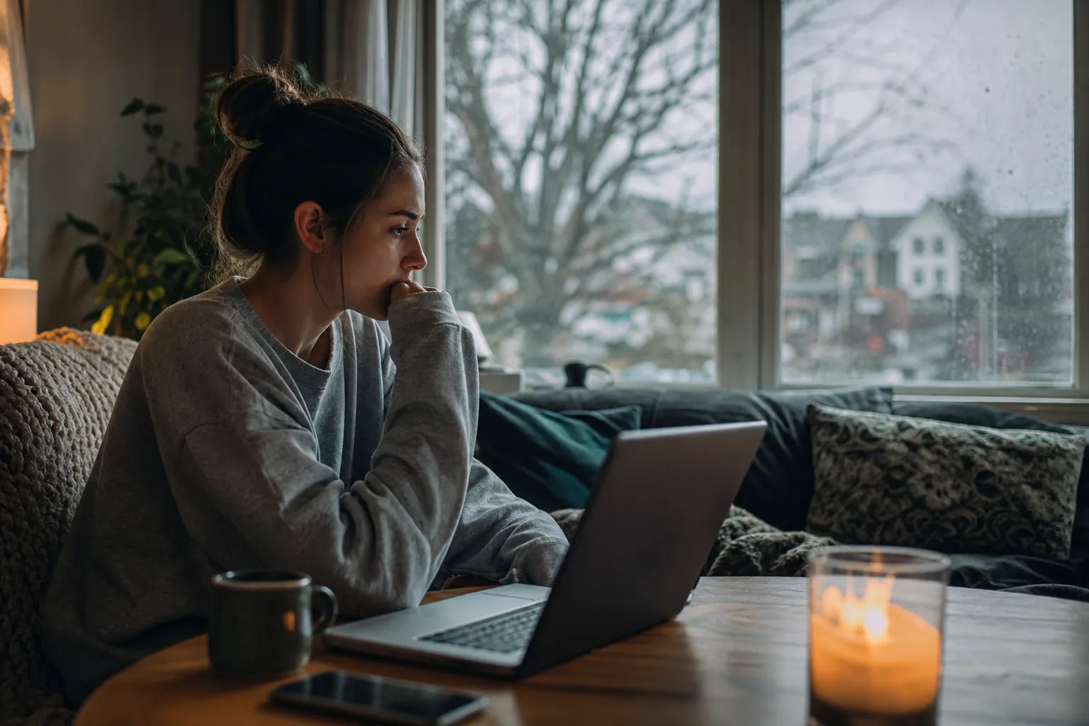 Woman using a laptop beside a window Woman using a laptop beside a window