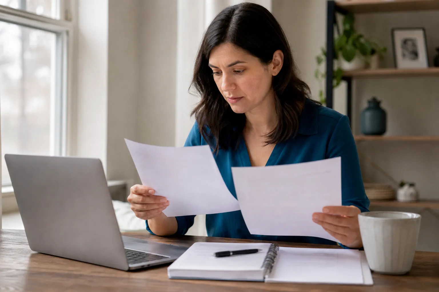 Woman Reading Two Sheets of Paper A woman reads two sheets of paper beside a laptop, notebook and mug.