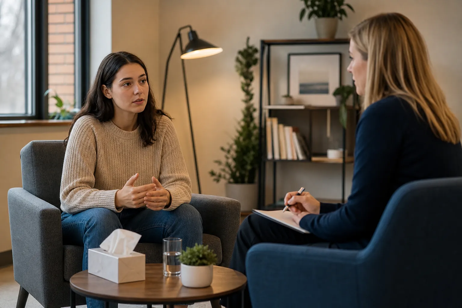 Two Women Talking With a Notebook Two women sit facing each other, with one holding a notebook and the other gesturing.