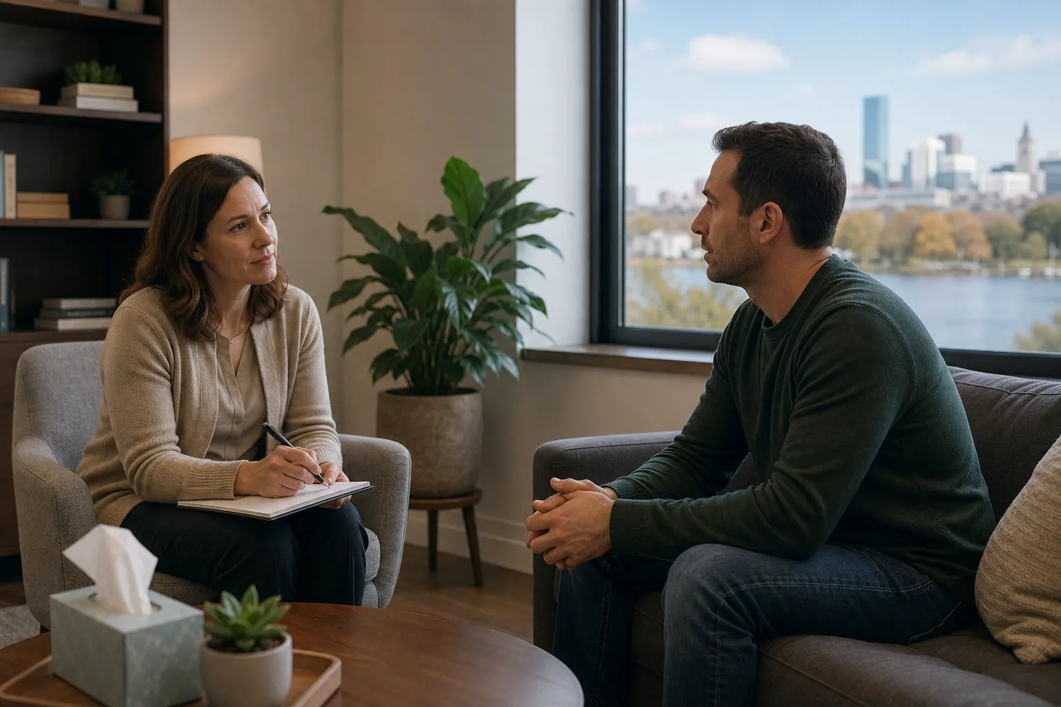 A woman with a notepad listens to a man seated across from her during a mental health assessment in an office.