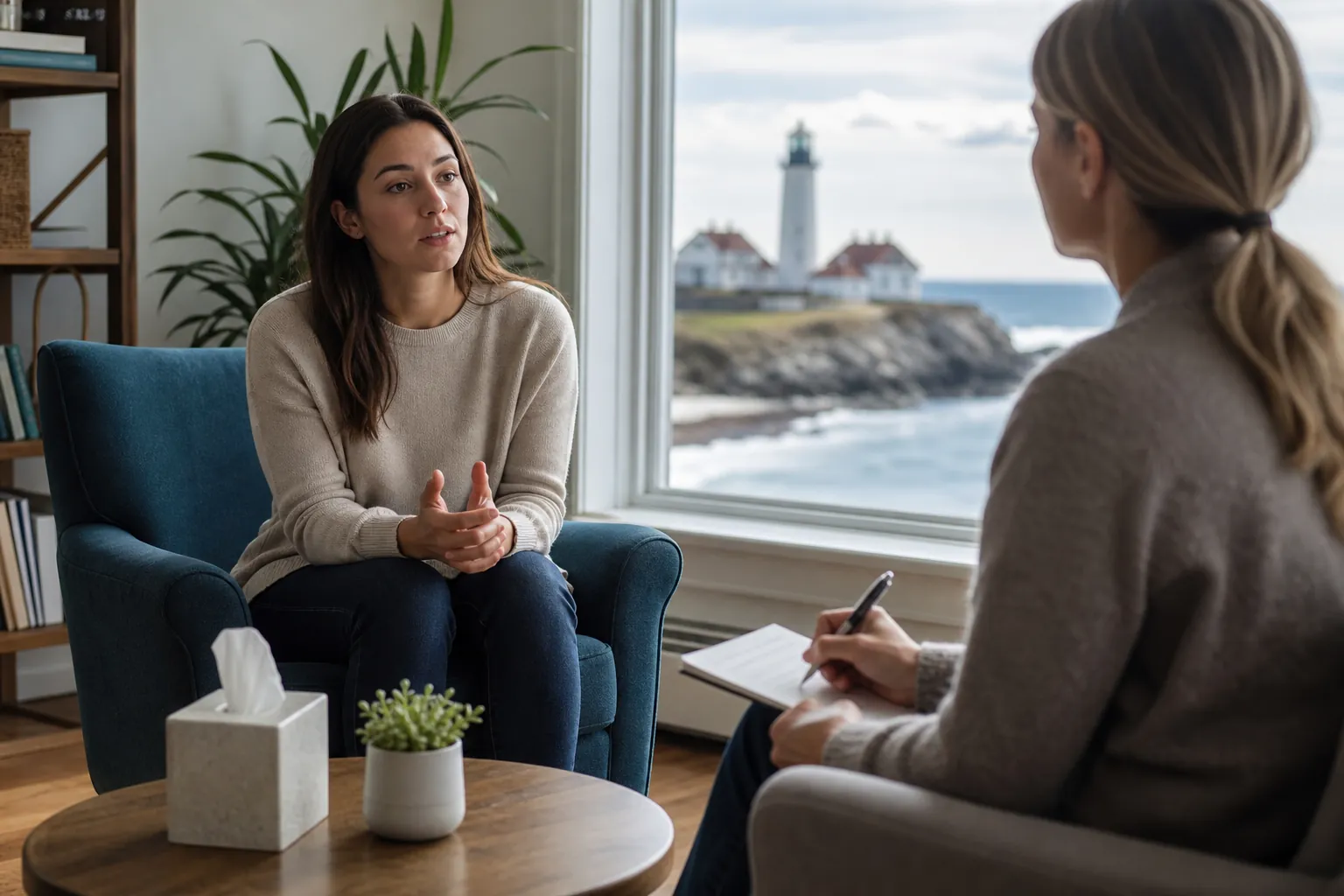 A woman speaks with a mental health professional taking notes in a calm office overlooking a coastal lighthouse.