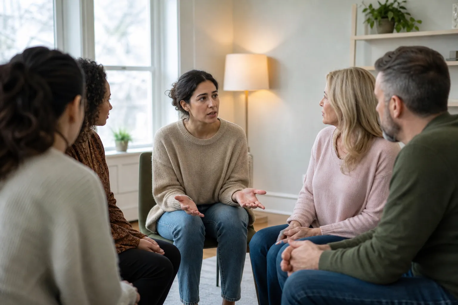 Five adults sit in a circle in a bright room, listening as a woman in a beige sweater speaks with her palms open.