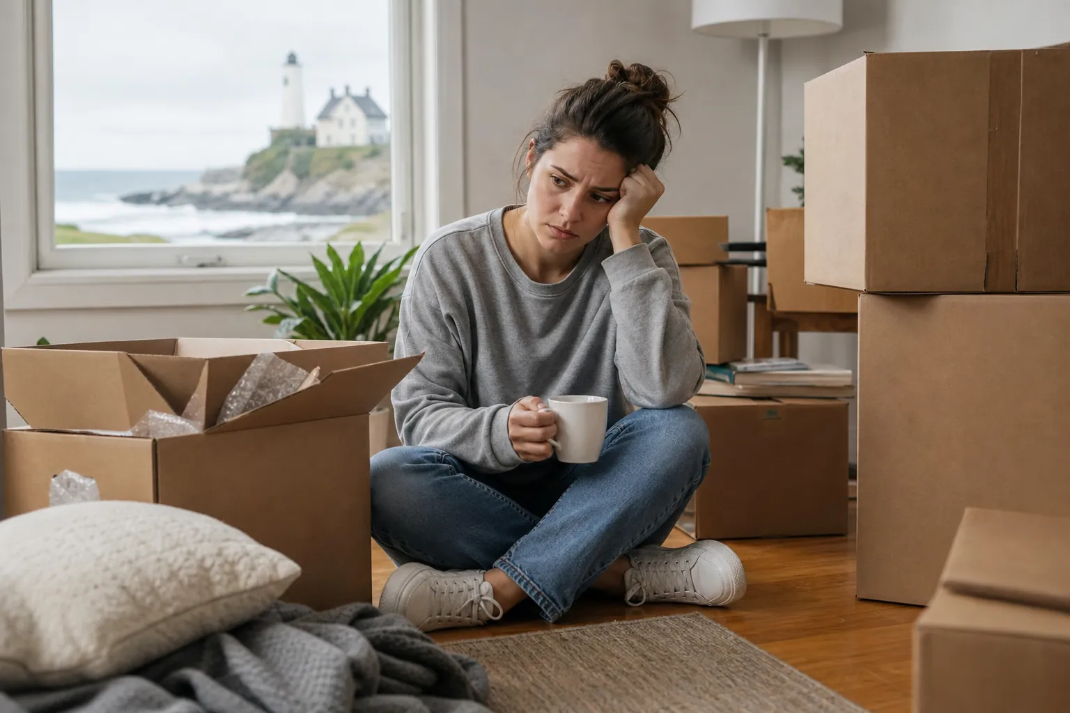 A worried woman sits cross-legged on the floor among moving boxes, holding a mug and resting her head on one hand.