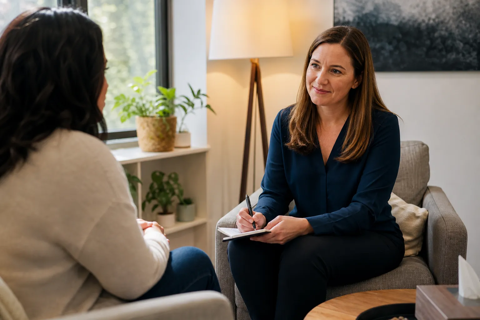 A therapist holding a pen and notepad listens to an adult patient in a comfortable clinic office.