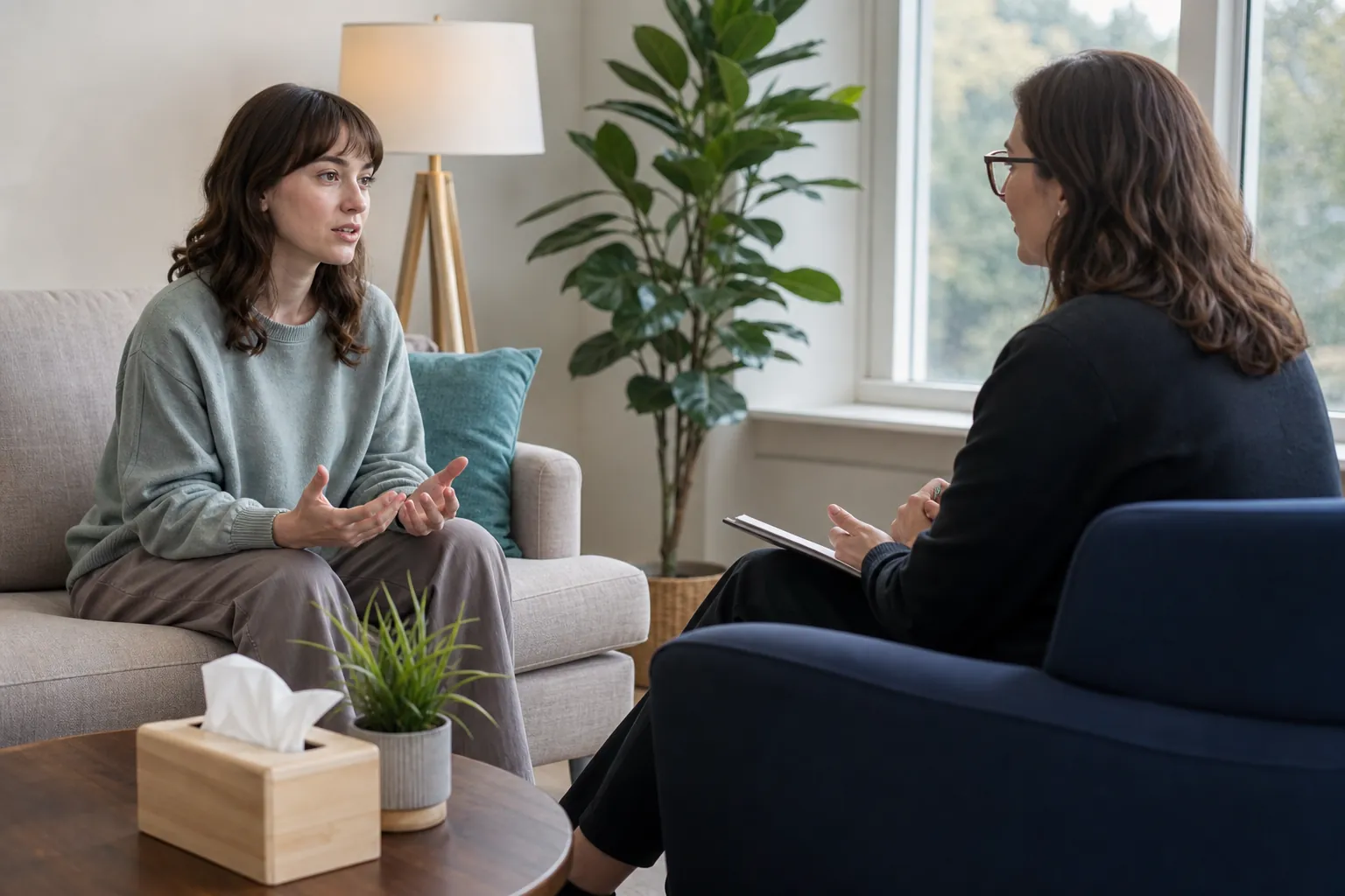 A woman speaks with a therapist holding a clipboard in a comfortable mental health clinic office.