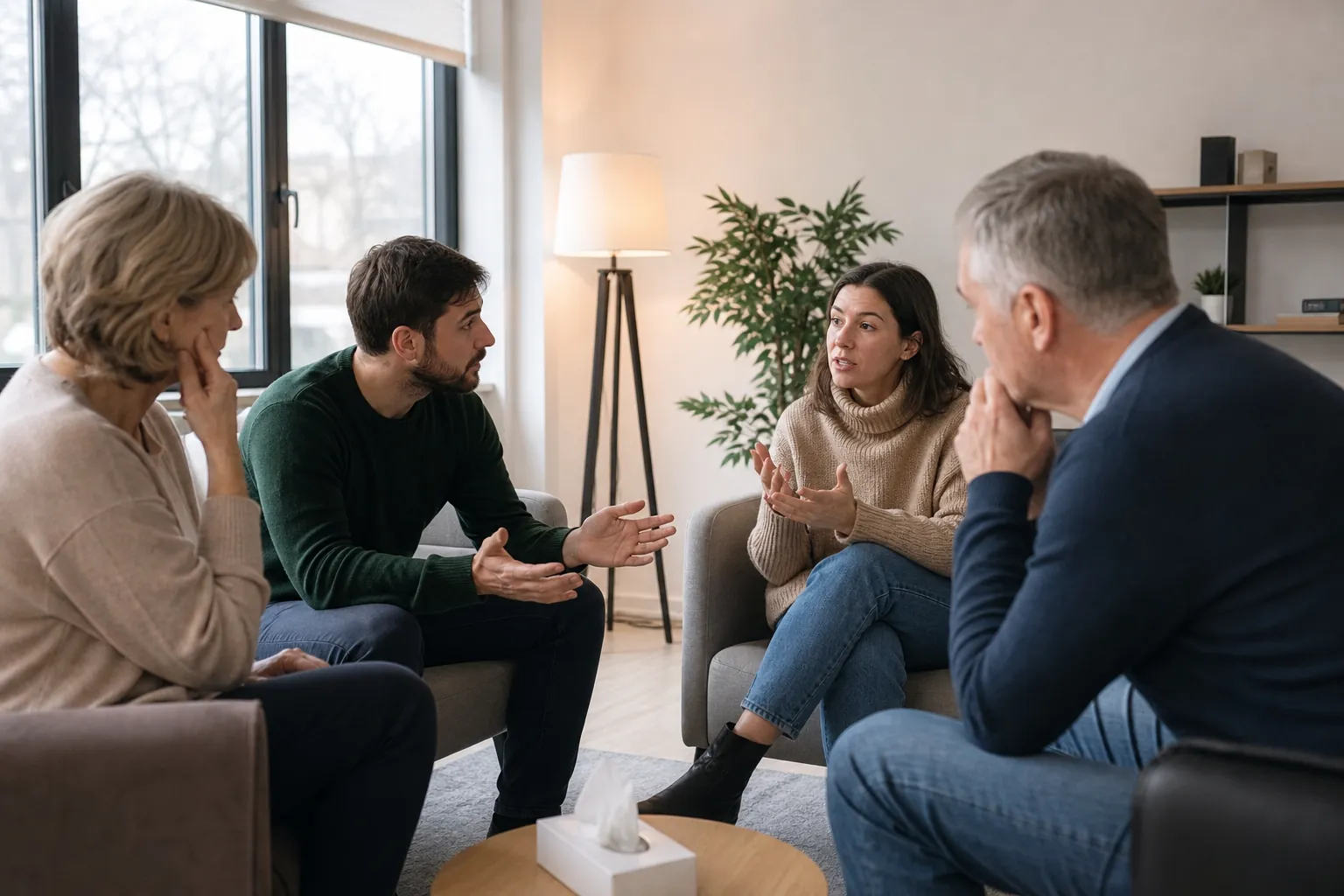 Four Adults Seated Together for a Group Discussion Four adults sit facing one another in a bright room, with two gesturing during a discussion and tissues on a low table.