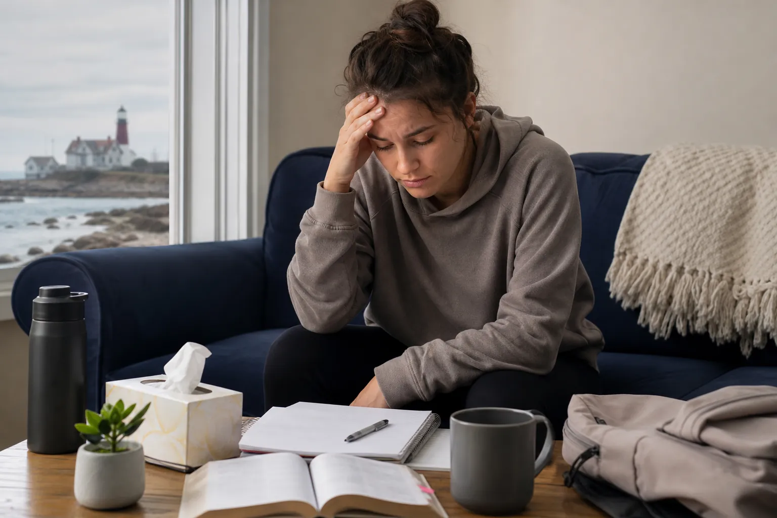 Woman Looking Overwhelmed While Sitting on a Sofa A woman sits hunched on a navy sofa with her hand on her forehead, beside tissues, a notebook, and a mug on a table.