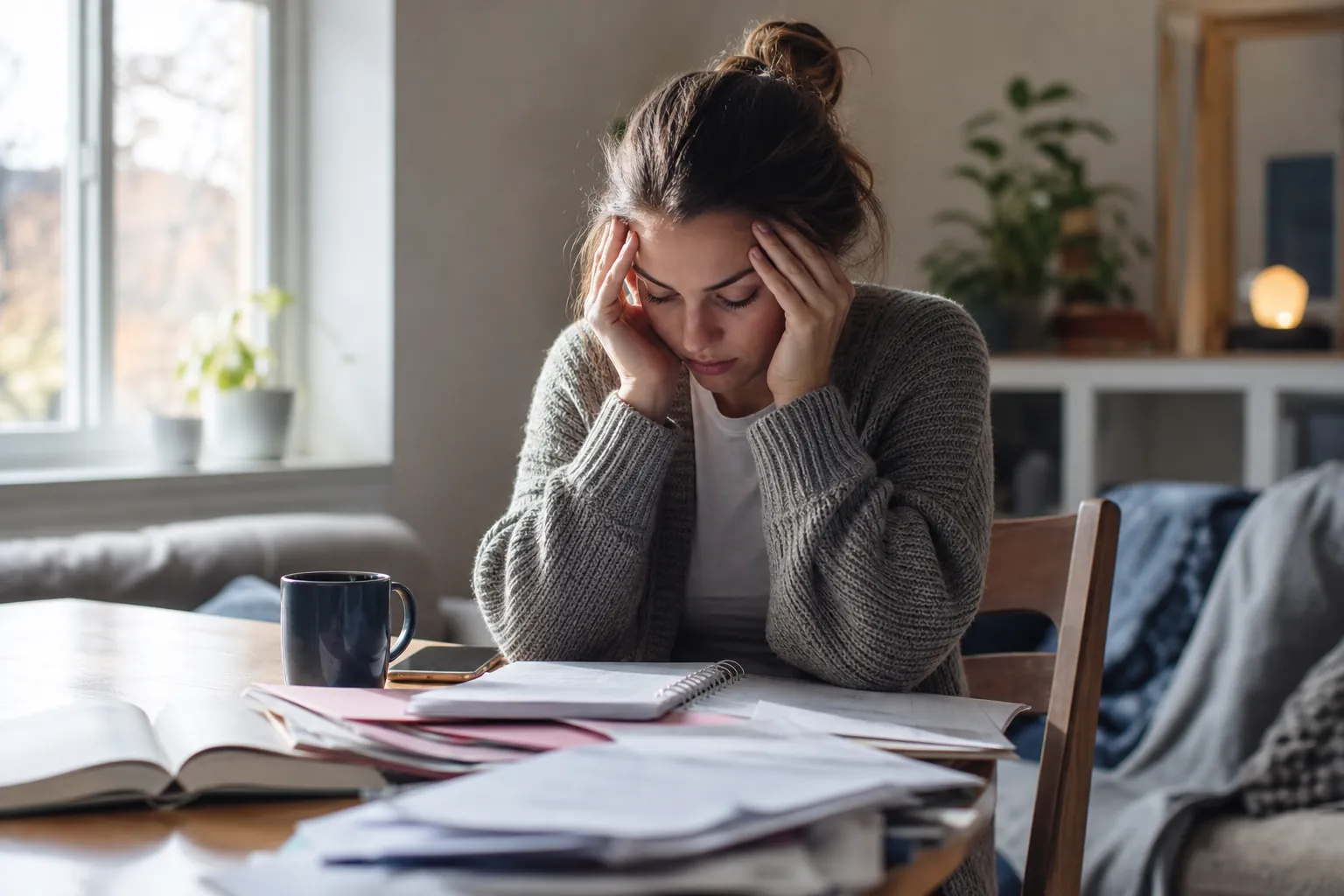 Overwhelmed Woman Sitting at a Paper-Covered Table A woman in a gray cardigan holds her temples and looks down at a table covered with papers, notebooks, a phone, and a mug.