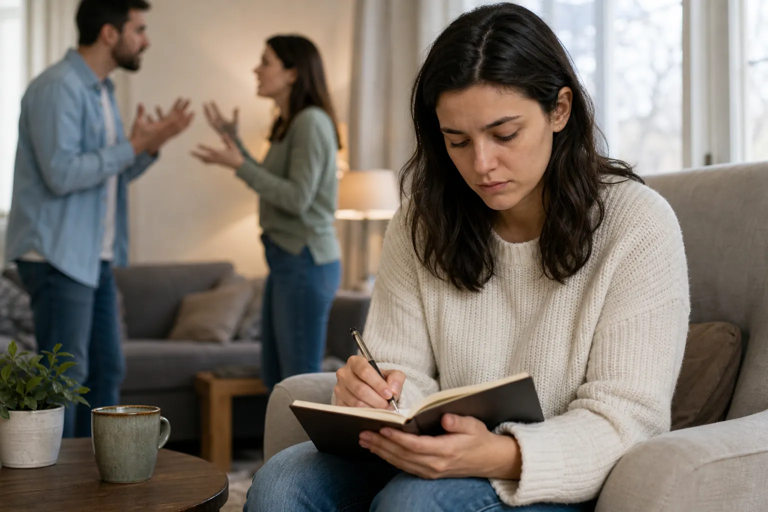 Journaling While Others Argue at Home A woman seated in an armchair writes in a notebook while two adults gesture toward each other in the background.