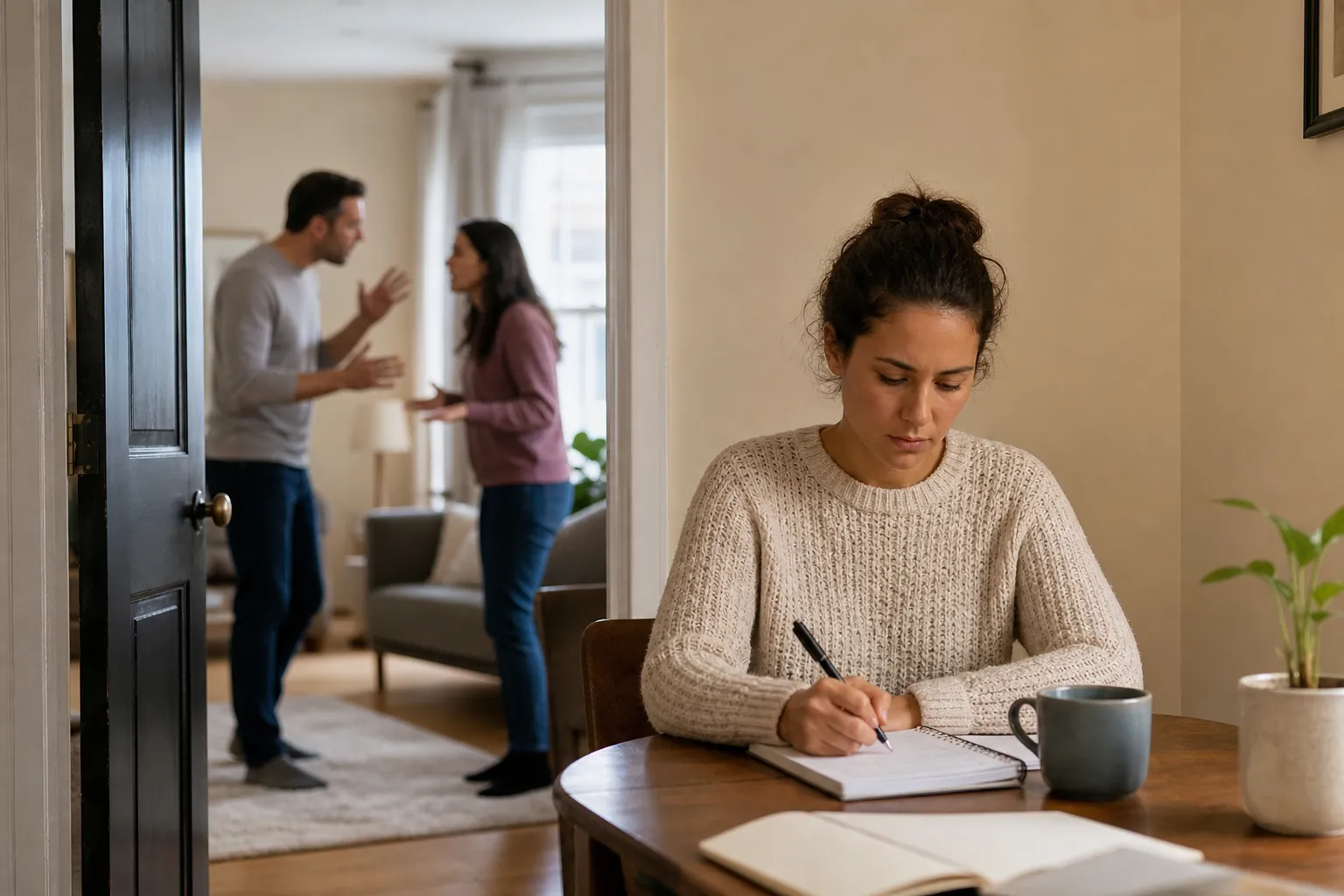 Woman Journaling Apart From a Household Disagreement A woman writes in a notebook at a wooden table while two adults gesture toward each other in an adjoining room.