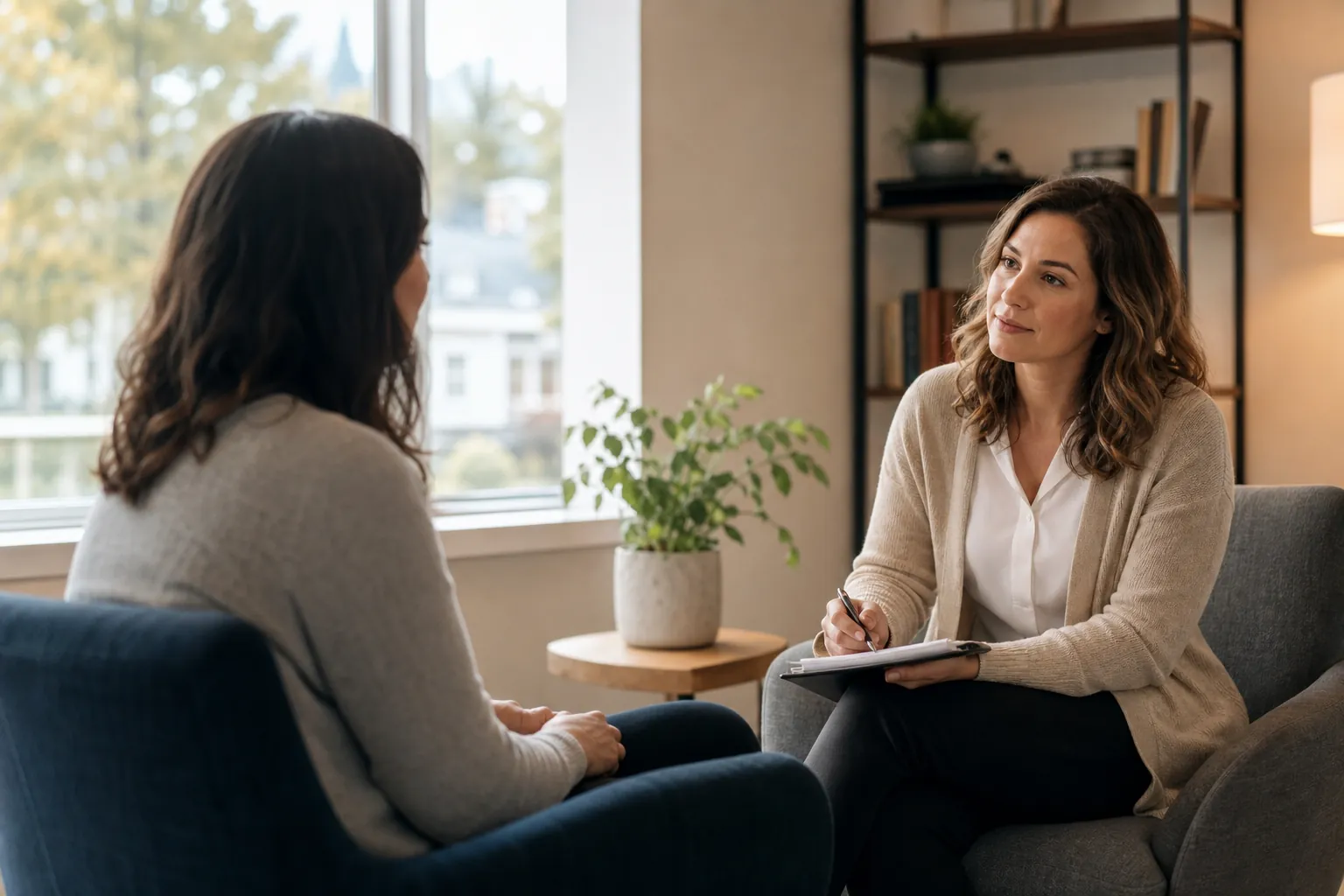 Therapist Conducting a Mental Health Intake Session (detail) A therapist holding a notepad listens to a woman seated across from her in a warm, sunlit counseling office.