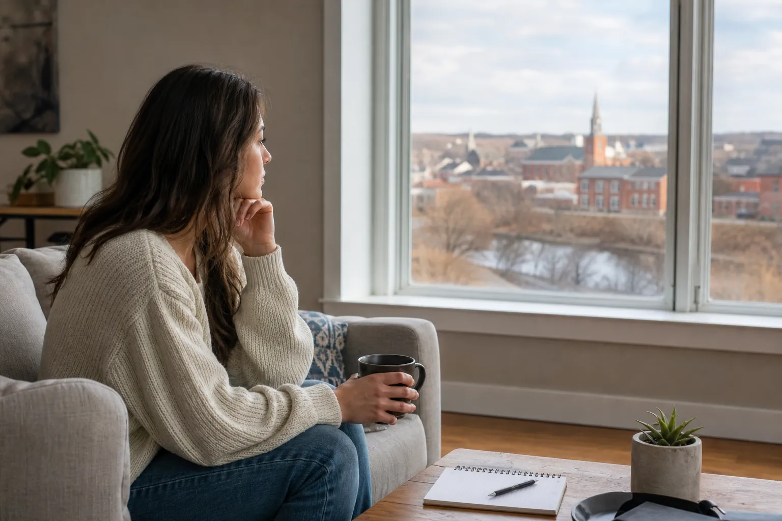 A woman holding a mug sits on a sofa and gazes out at a riverside town, with a notebook and pen on the coffee table.