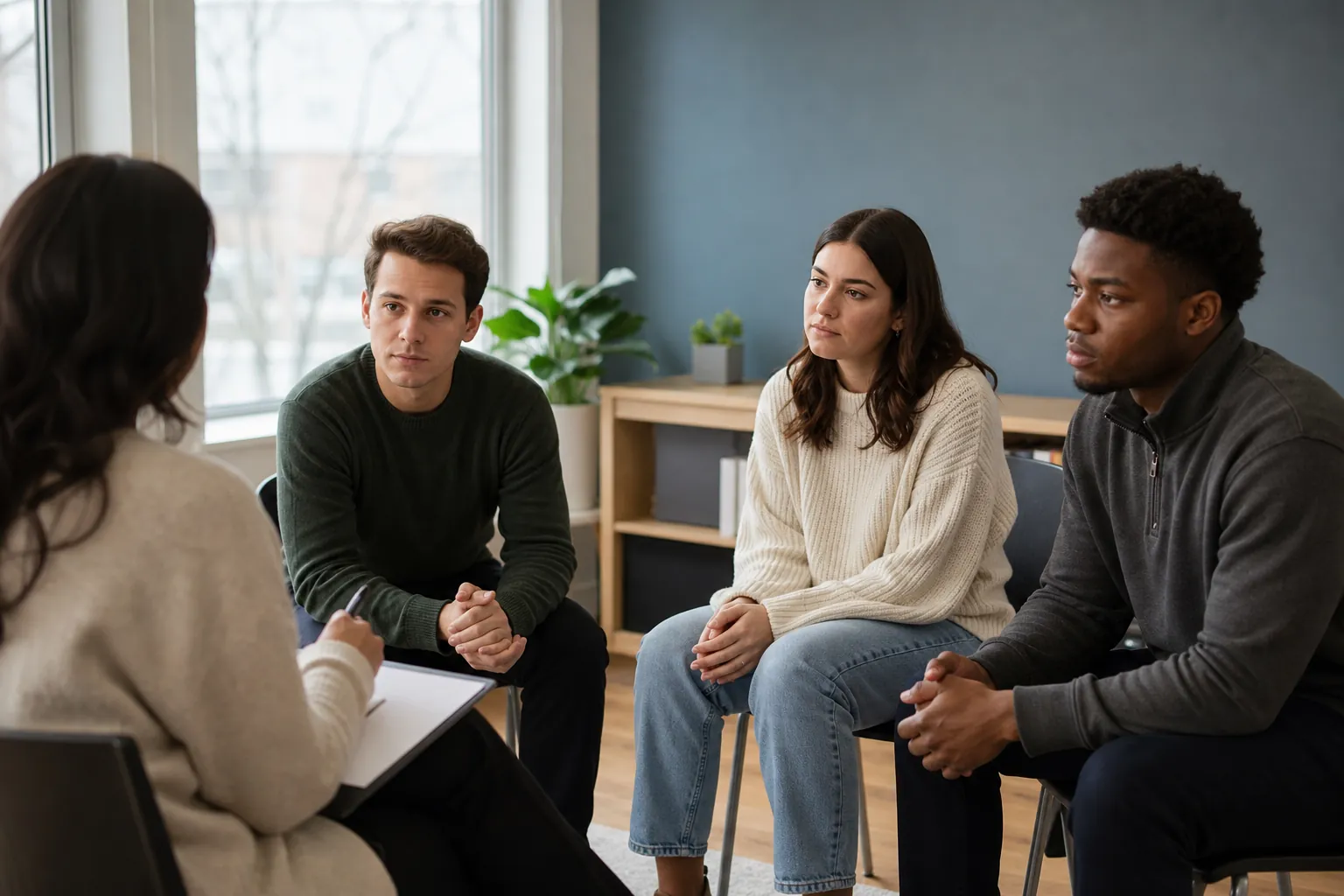 Three adults sit facing a counselor holding a clipboard during a group mental health discussion in a bright office.