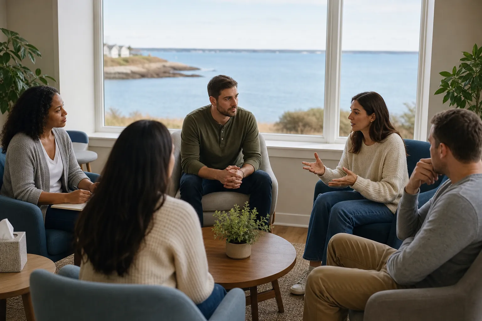 Group Discussion in an Oceanfront Room Five adults sit in a circle for a group discussion in a bright room with large windows overlooking the ocean.
