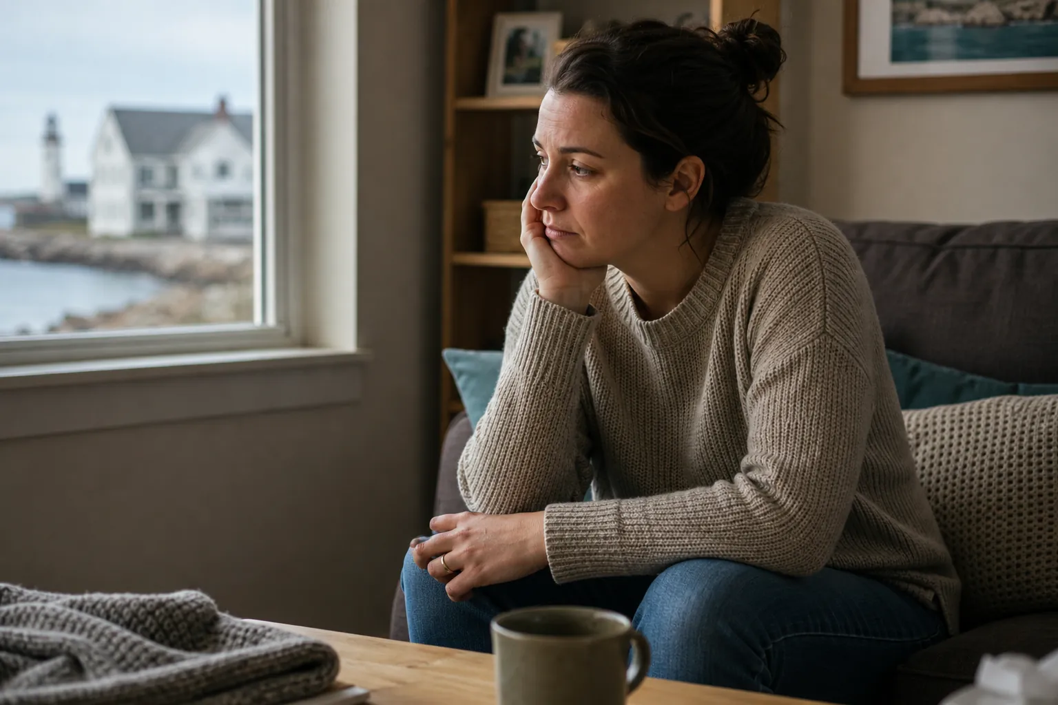 Pensive Woman Sitting Alone Beside a Window A woman in a knit sweater sits on a sofa, resting her cheek on her hand and gazing toward a window overlooking the water.