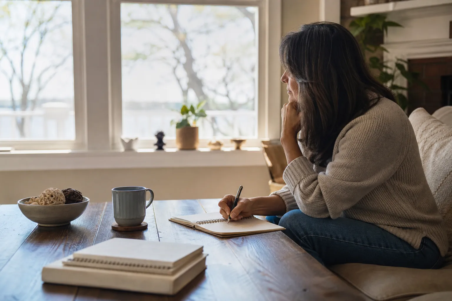 Woman Reflecting Beside a Window With a Notebook A woman sits on a sofa beside a sunny window, holding a pen over an open notebook on a wooden coffee table.