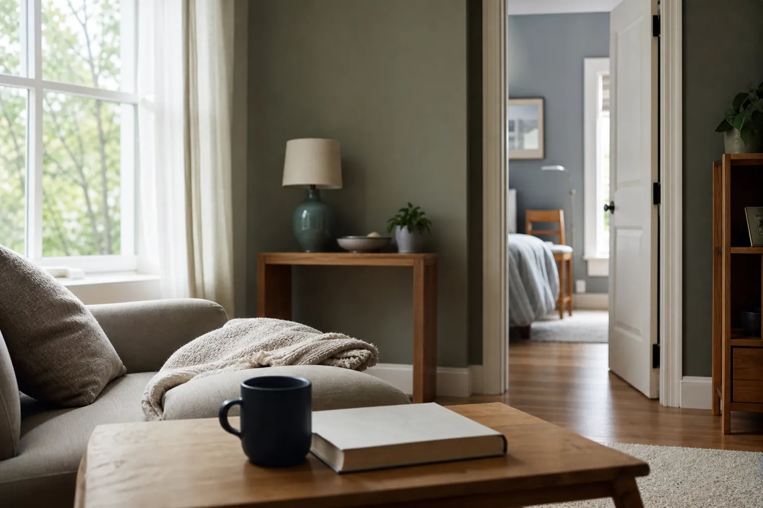 Quiet Living Room With an Open Bedroom Door A quiet living room with a sofa, folded blanket, mug and book on a wooden coffee table, and an open doorway to a bedroom.