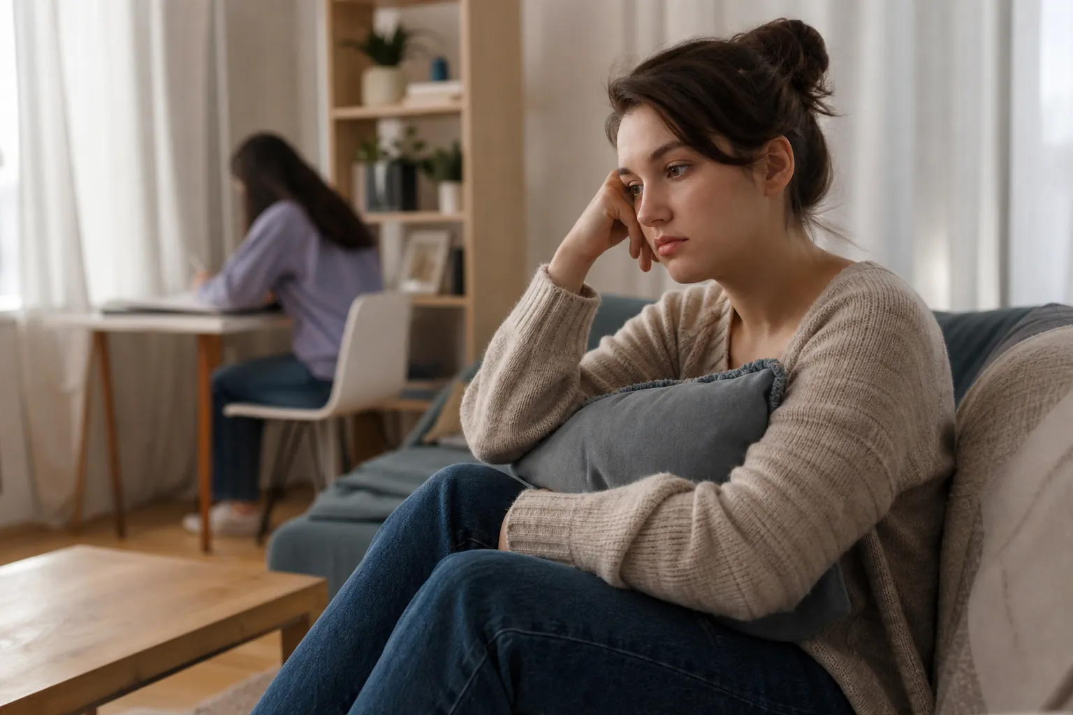 Pensive Woman on a Sofa With Another Woman at a Desk A pensive woman sits on a sofa holding a gray cushion and resting her head on one hand, while another woman sits at a desk behind her.