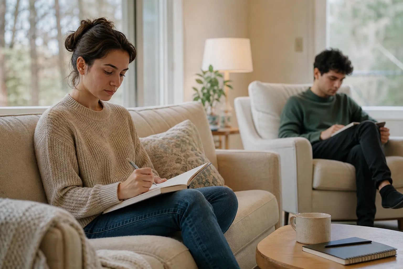 Two Adults Journaling in a Quiet Living Room A woman writes in a notebook on a sofa while a man sits in a nearby armchair with a notebook in a bright living room.