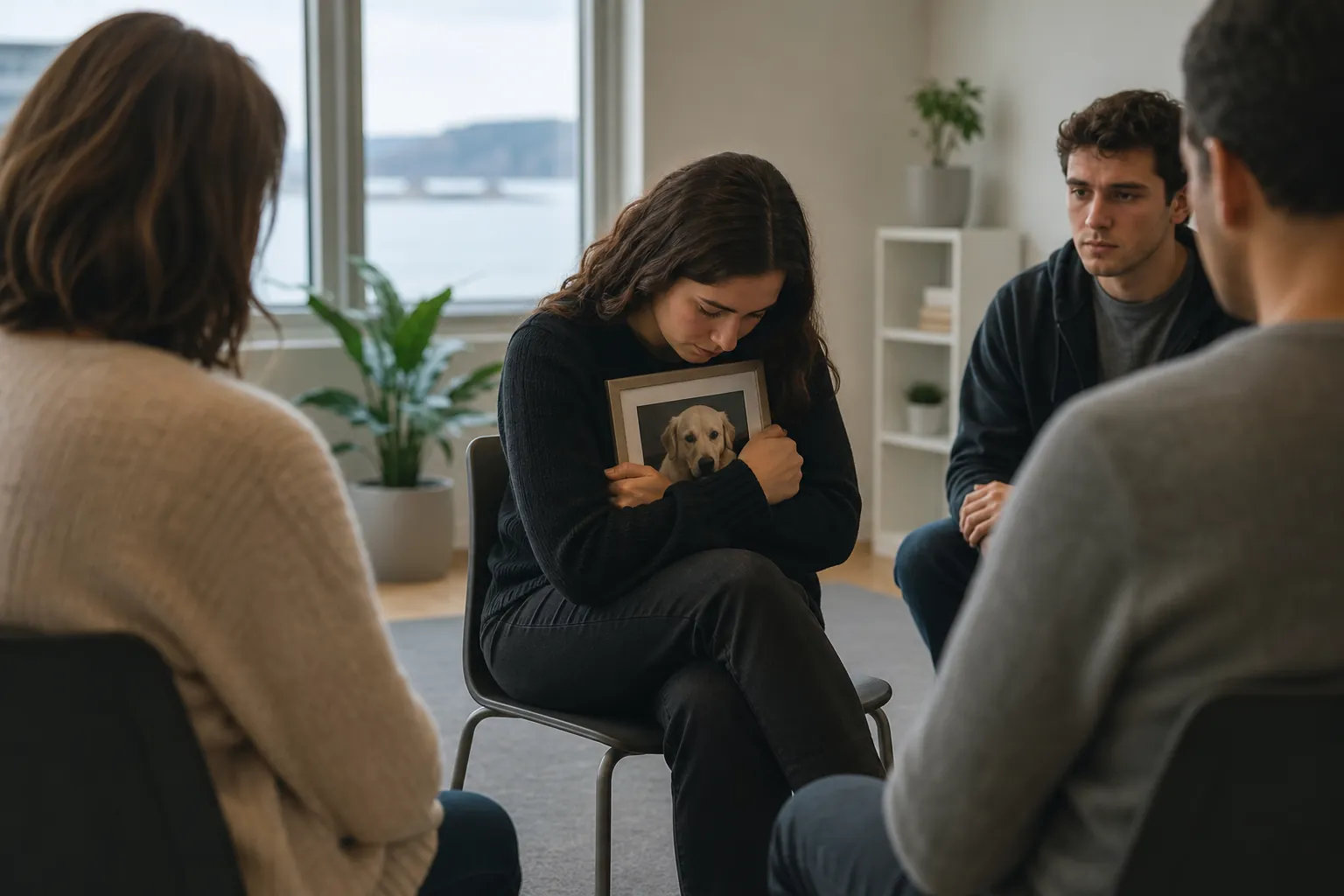 A downcast woman hugs a framed portrait of a dog while seated with three other adults in a pet loss support group setting.