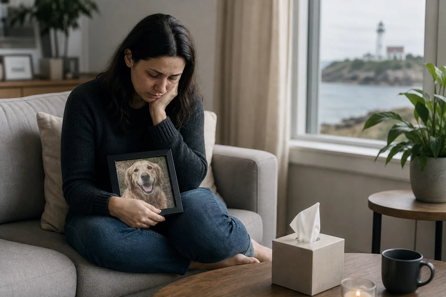A distressed woman sits curled on a sofa, holding a framed dog portrait, with a tissue box and mug on the table.