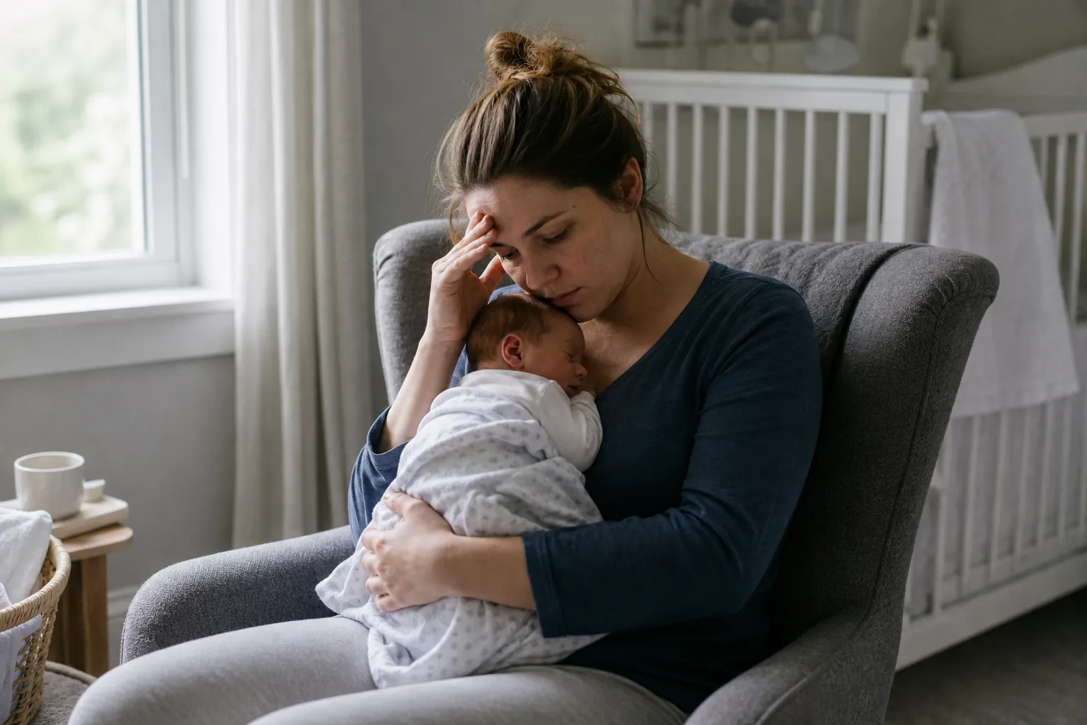 Weary Mother Holding a Sleeping Baby in a Nursery A weary-looking woman sits in a gray nursery chair, holding a sleeping baby against her chest with one hand on her forehead.