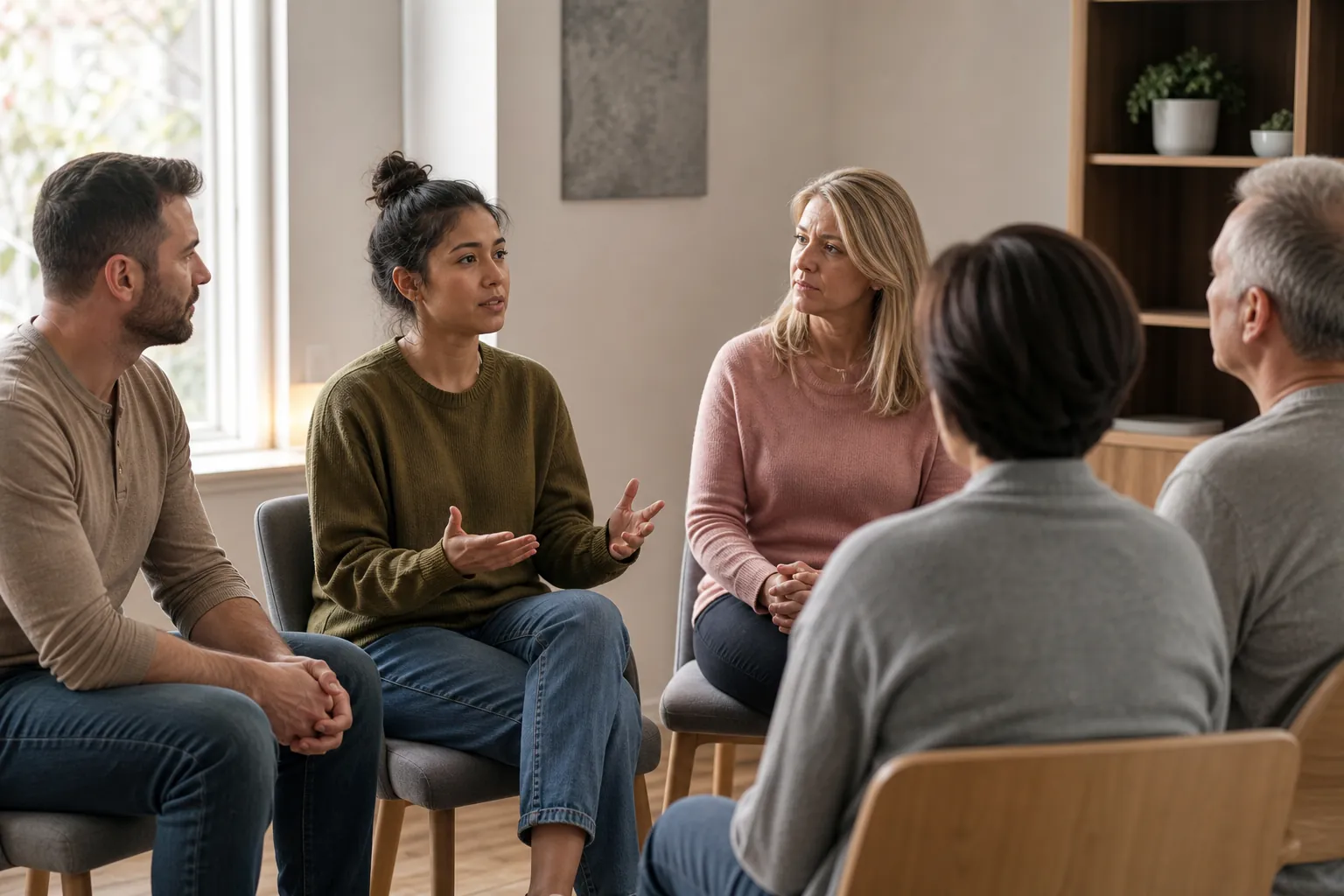Five Adults in Conversation Five adults seated together while one woman speaks and gestures with her hands.