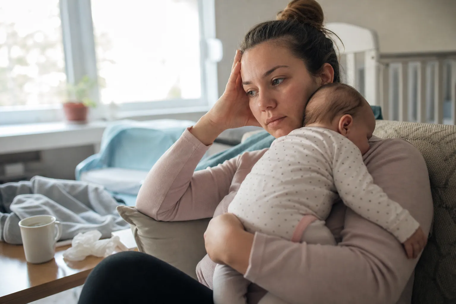 A tired-looking woman sits on a sofa holding a baby against her chest, with one hand resting against her forehead.