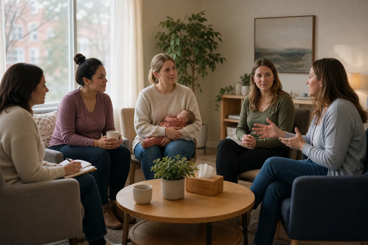 Five women sit in a circle in a bright room, one holding a newborn while another gestures during a group discussion.