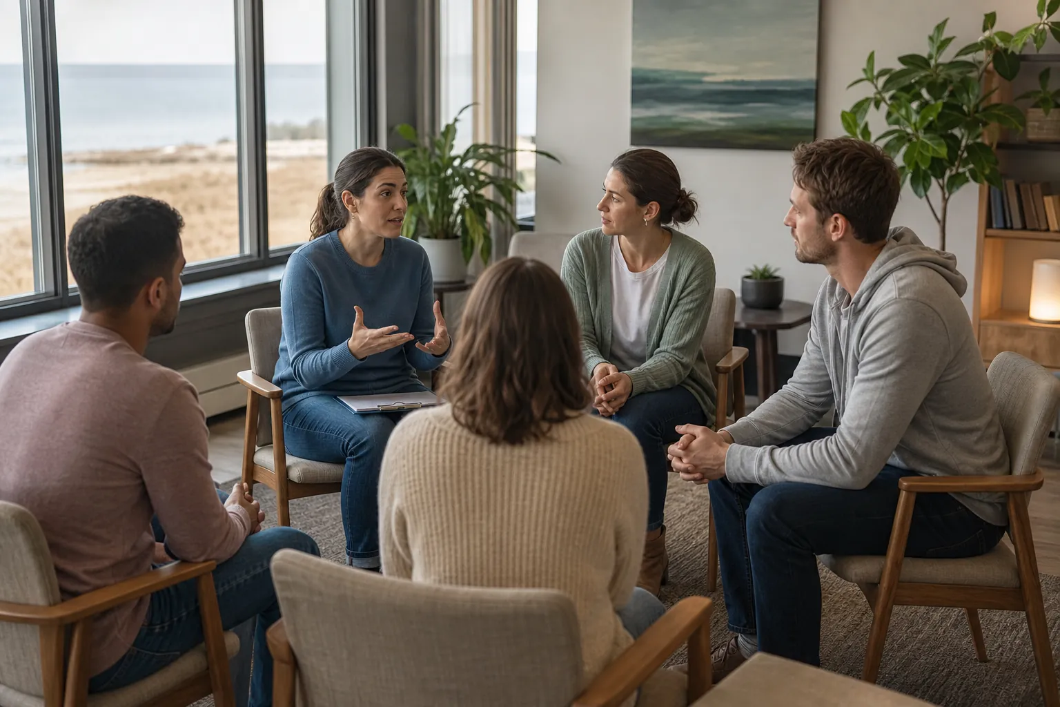 Group Conversation Near Large Windows Five adults sit in a circle near large windows as a woman in a blue sweater gestures.