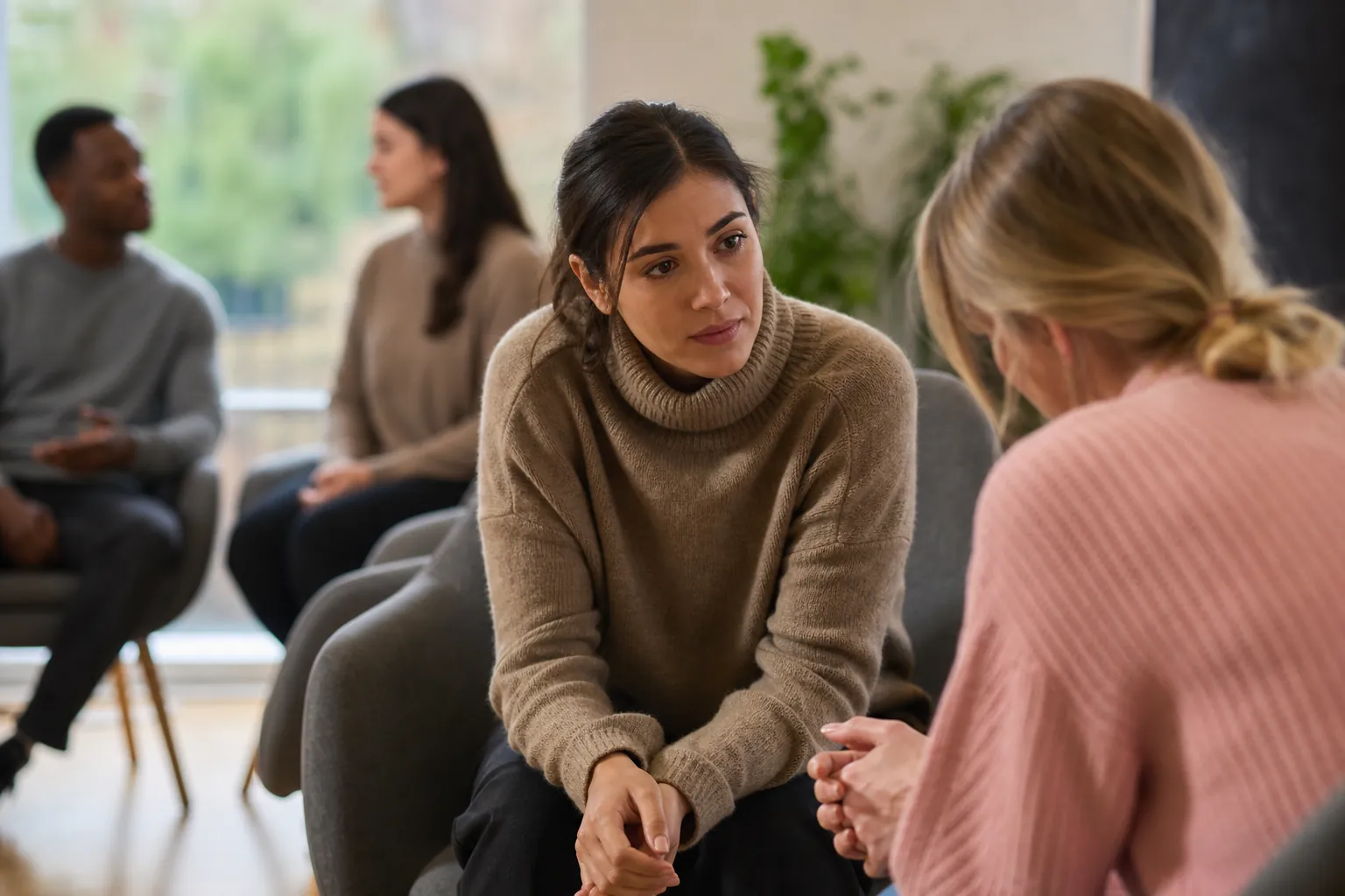 Two Pairs Seated in Conversation Two women face each other in the foreground while two other people sit facing each other in the background.