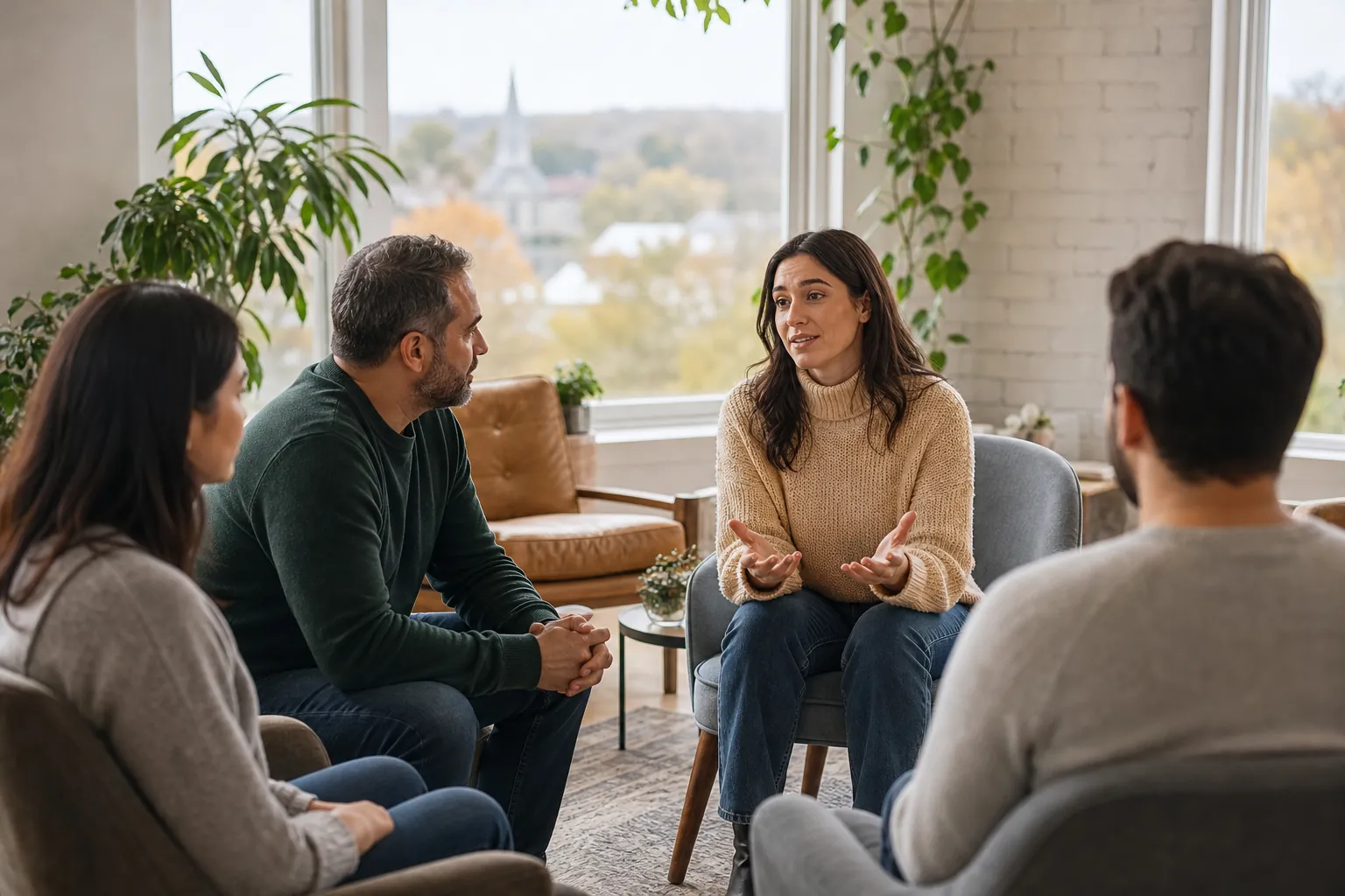 Supportive Group Discussion in a Bright Room Four adults sit in a circle in a bright room as a woman in a beige sweater gestures during a group discussion.