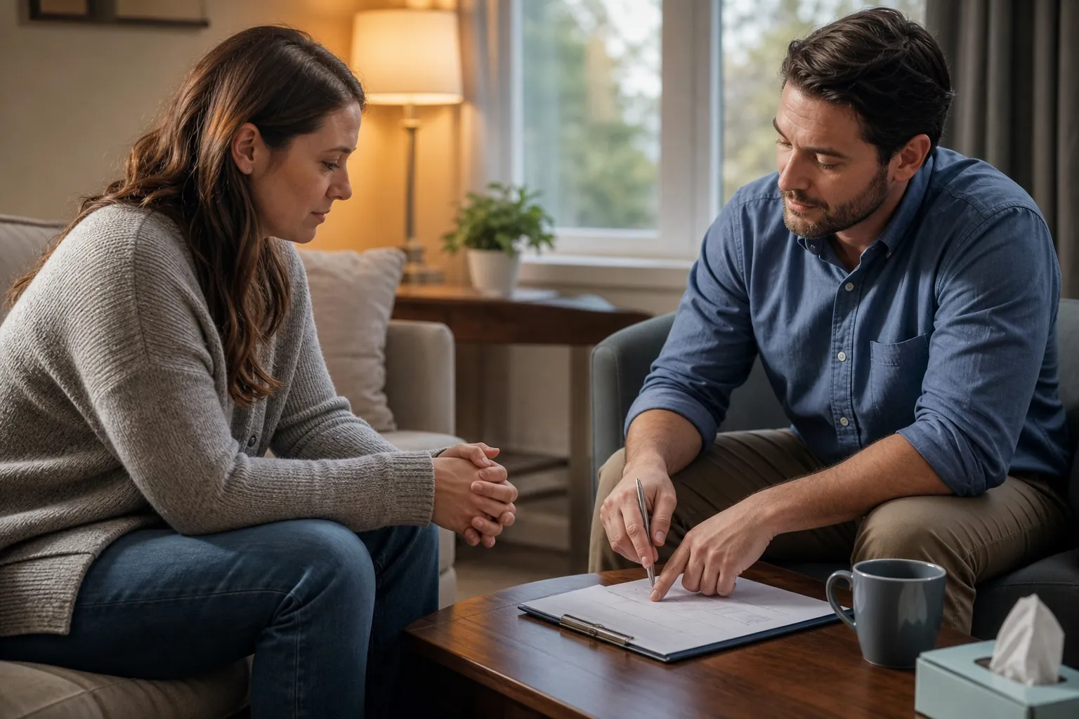 Supportive Meeting to Review Care Paperwork A woman and a man sit across a coffee table, reviewing paperwork on a clipboard beside a mug and tissue box.