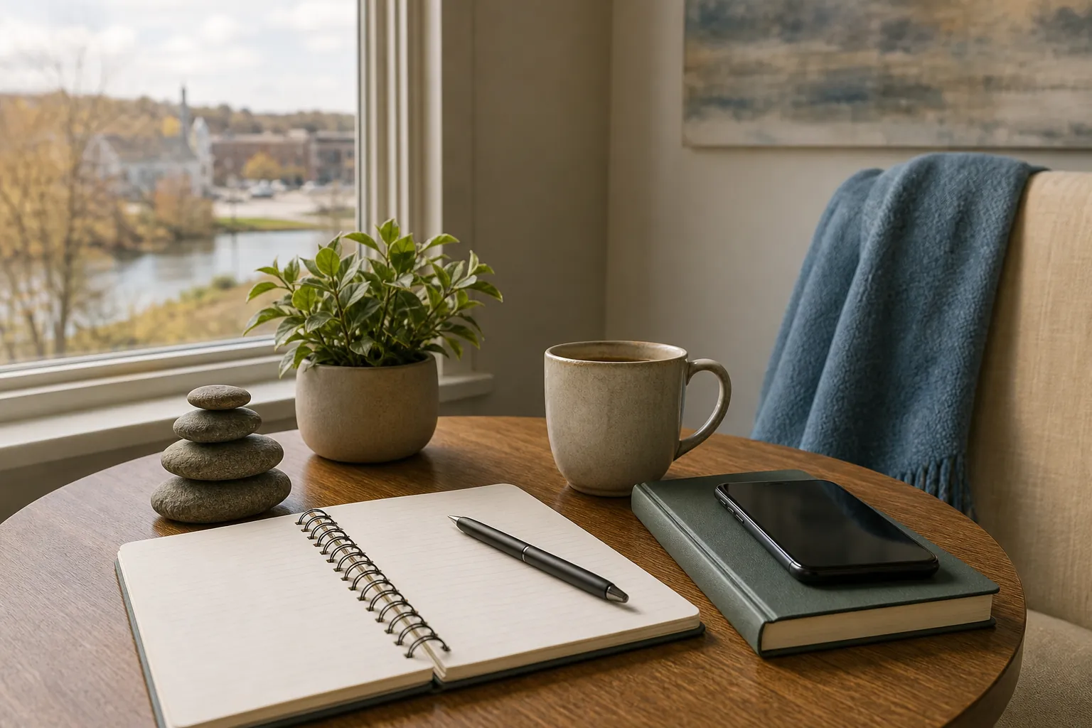 Notebook and everyday objects beside a window A wooden table holds an open blank notebook, pen, stacked stones, potted plant, mug, and smartphone on a closed book beside a chair with a blue throw.