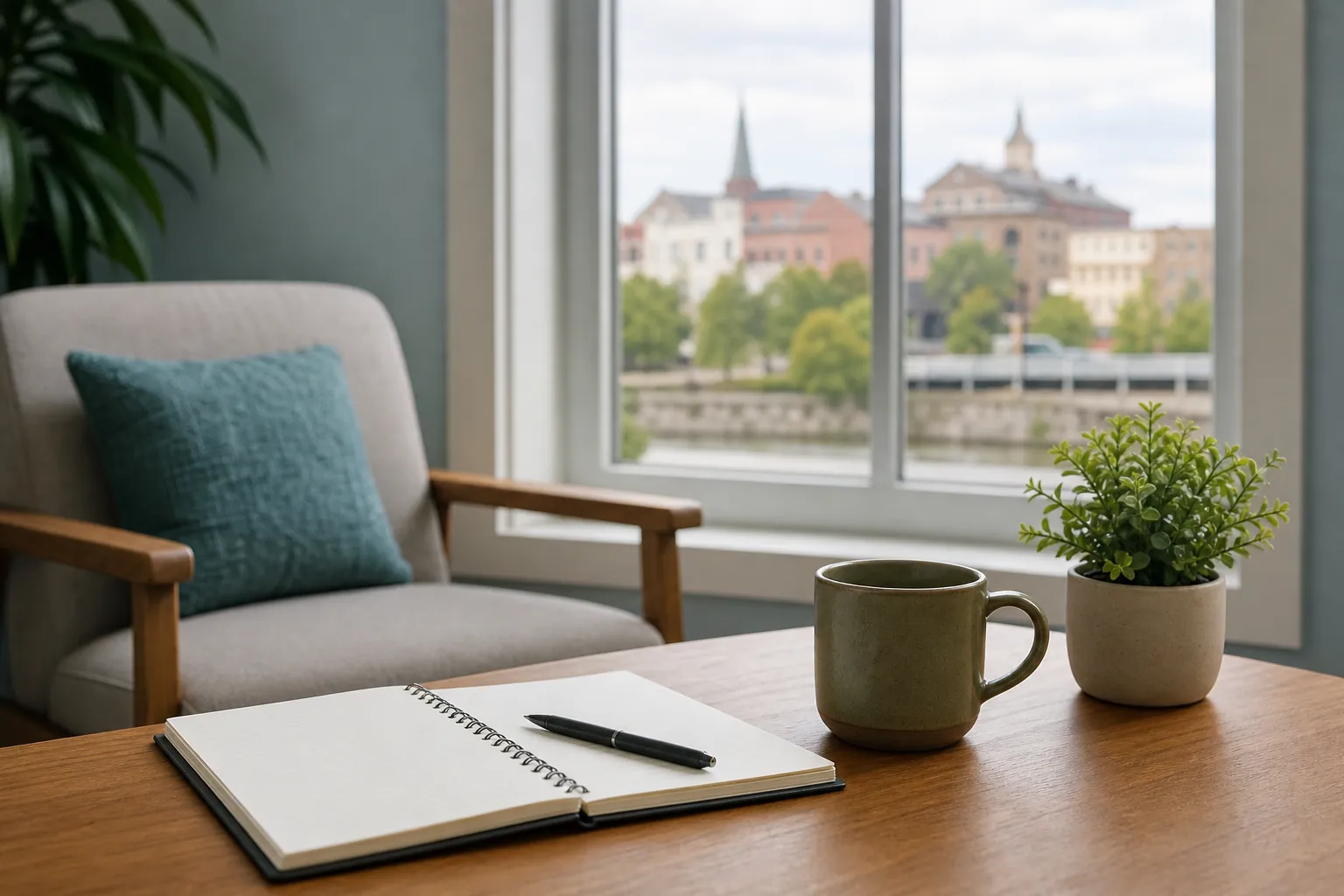 Armchair and table with a blank notebook, mug, and plant A wooden table holds an open blank notebook, a pen, a green mug, and a potted plant beside an upholstered armchair with a teal cushion and a large window.