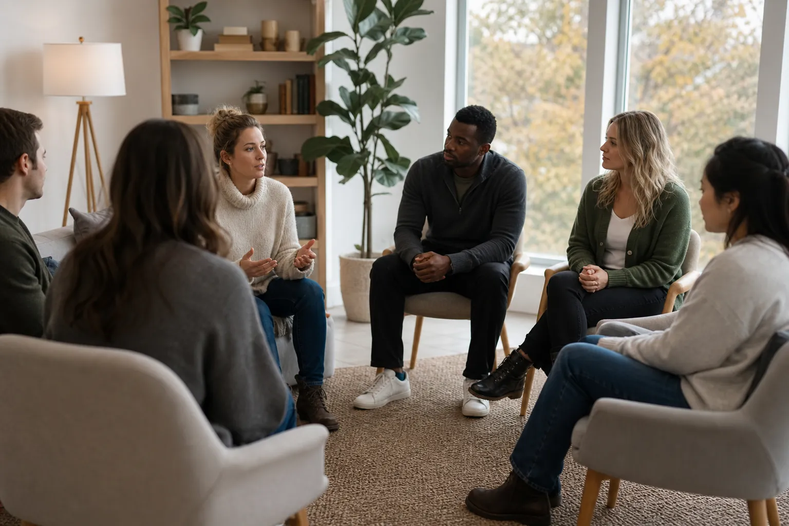 Six adults sit in a circle in a bright room while one woman speaks and gestures.