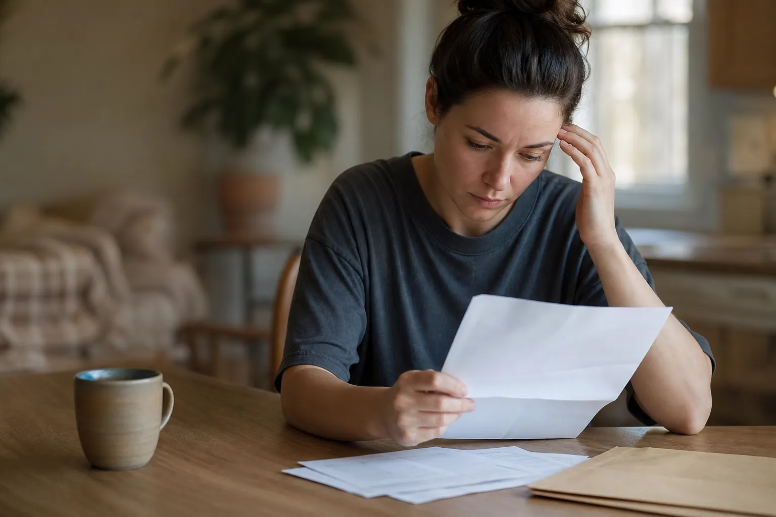 Concerned Woman Reviewing a Letter at Home A concerned woman reads a letter at a wooden table with loose papers, envelopes, and a mug, resting one hand against her temple.