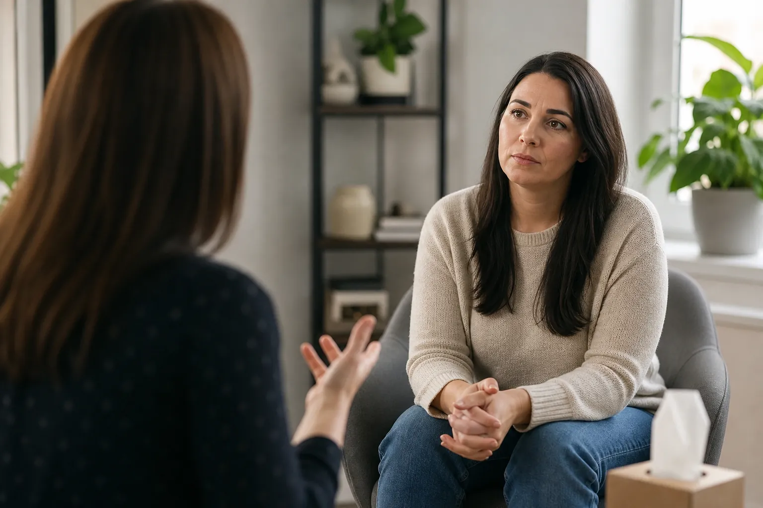 Private Counseling Conversation in an Office Two women sit facing each other in a counseling office, one listening with clasped hands, with plants and tissues nearby.