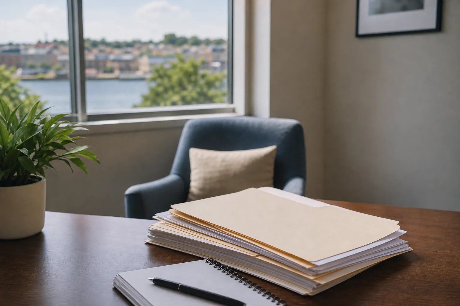 File Folders and Notebook in a Quiet Office Stacked file folders, a spiral notebook and pen on a wooden desk beside a plant, with an armchair and river-view window behind.