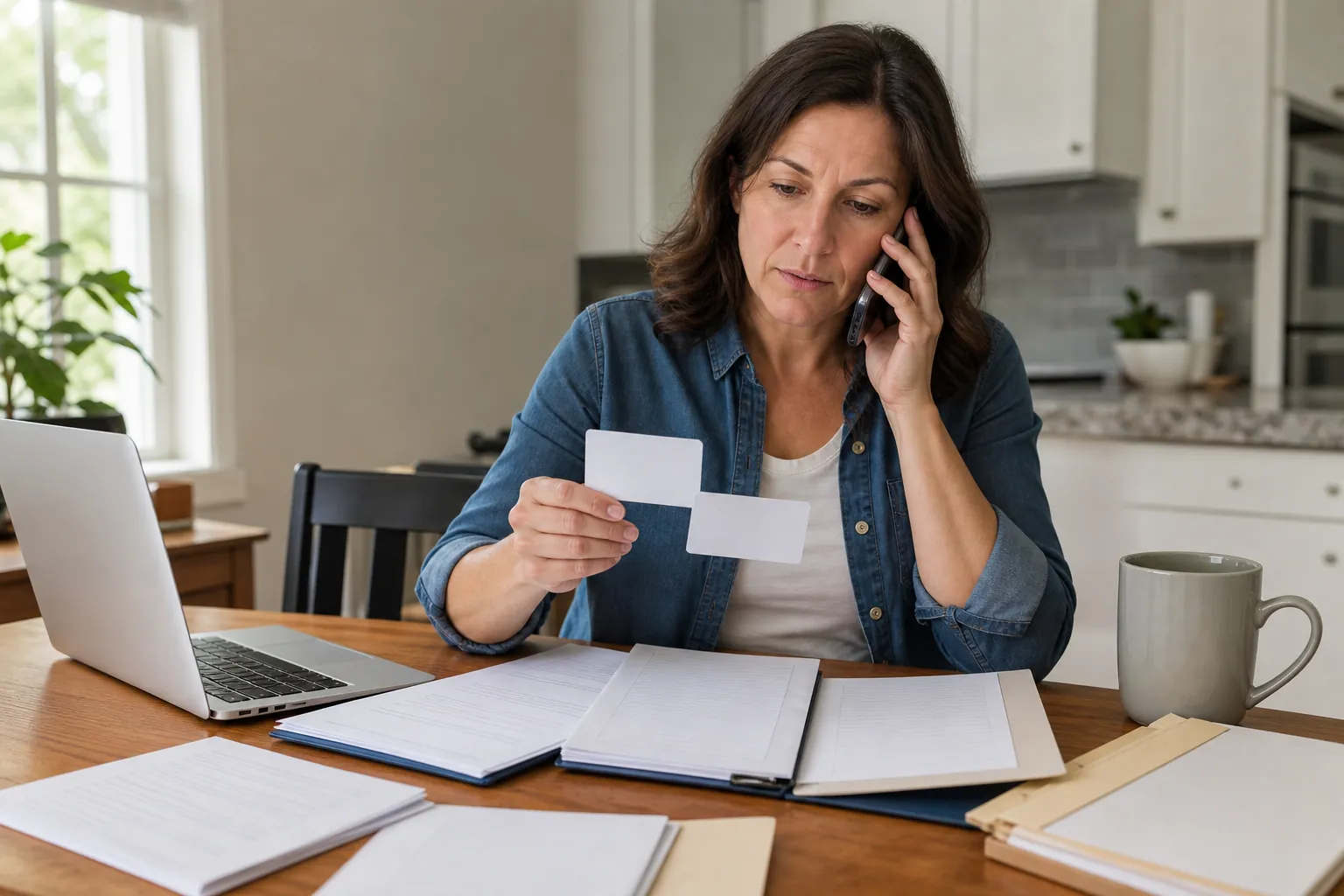 Woman Reviewing Paperwork During a Phone Call A woman holds blank cards while talking on a phone at a kitchen table with a laptop, paperwork, folders, and a mug.