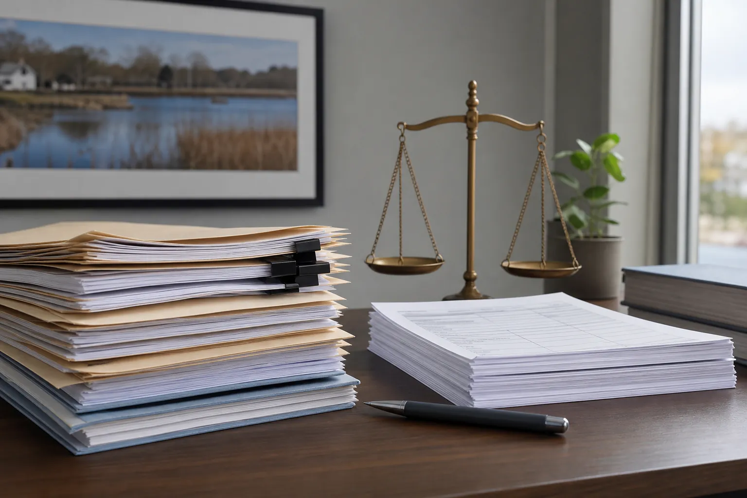 Paperwork and Balance Scales on an Office Desk Stacks of folders and forms sit on a wooden desk with a black pen and brass balance scales beside a window.