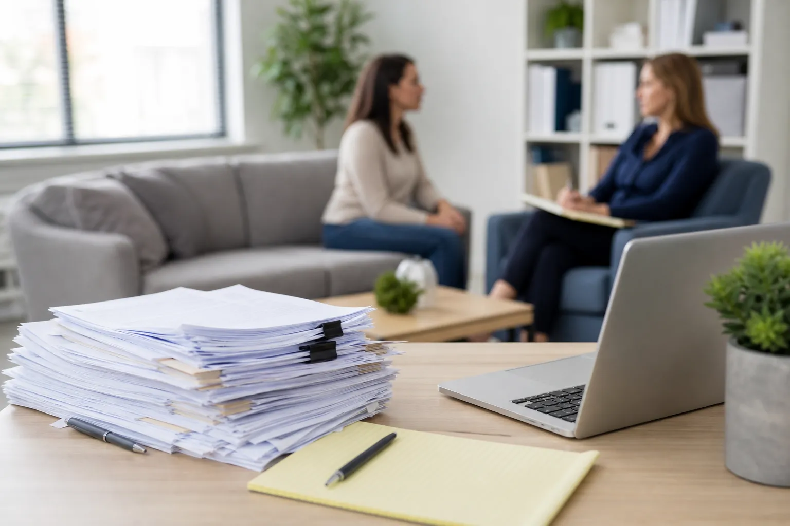 Paperwork and Laptop in a Counseling Office Stacks of paperwork, a laptop and a yellow notepad on a desk, with two women seated in conversation in the background.