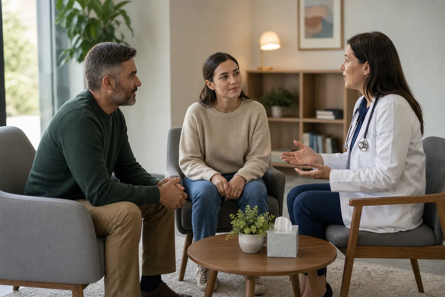 Doctor Discussing Care With Two Adults A doctor wearing a white coat and stethoscope talks with a man and woman seated in a comfortable consultation room.