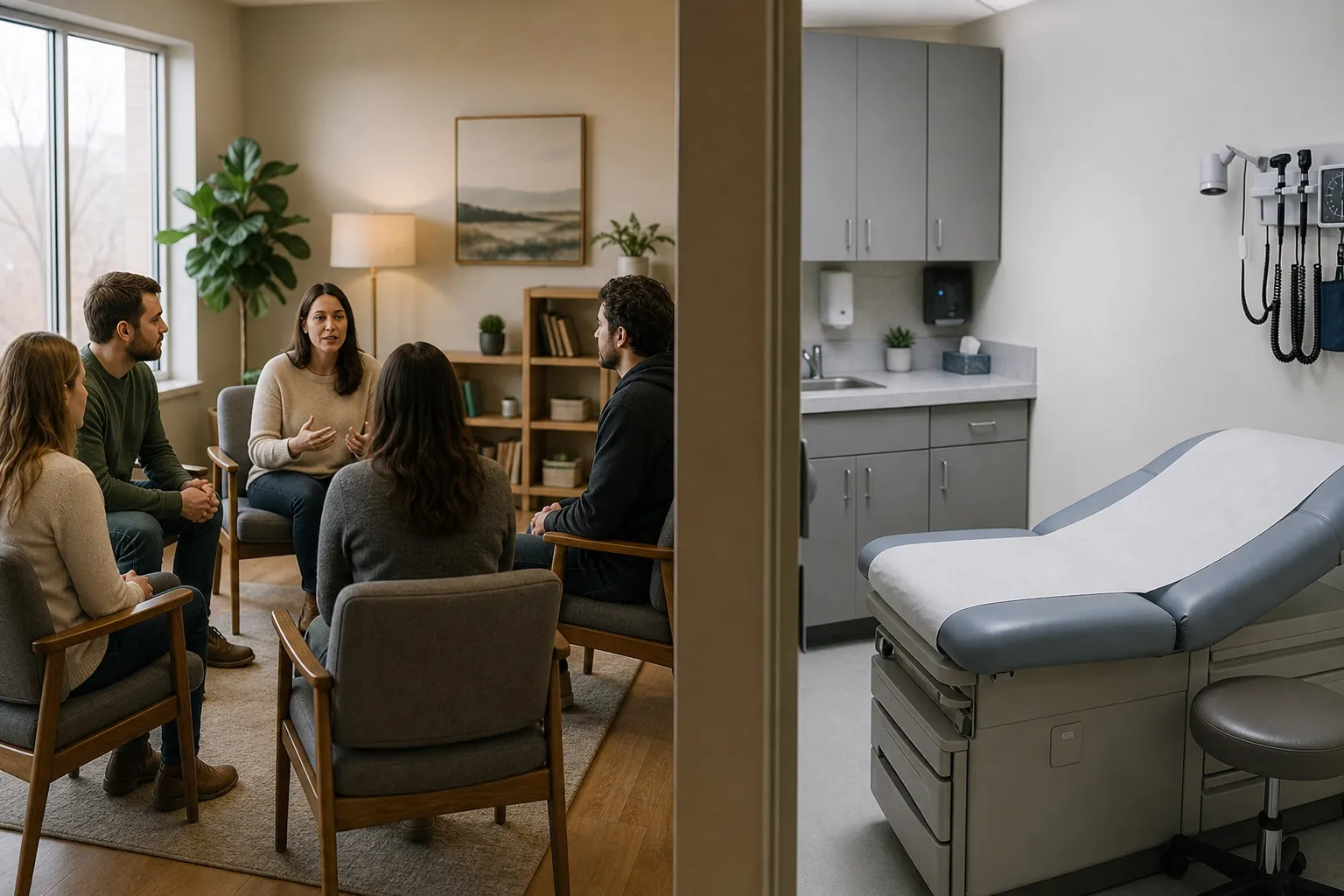 Group Therapy Beside a Separate Medical Exam Room Five adults sit in a group therapy circle beside a separate medical exam room with an exam table and wall-mounted instruments.